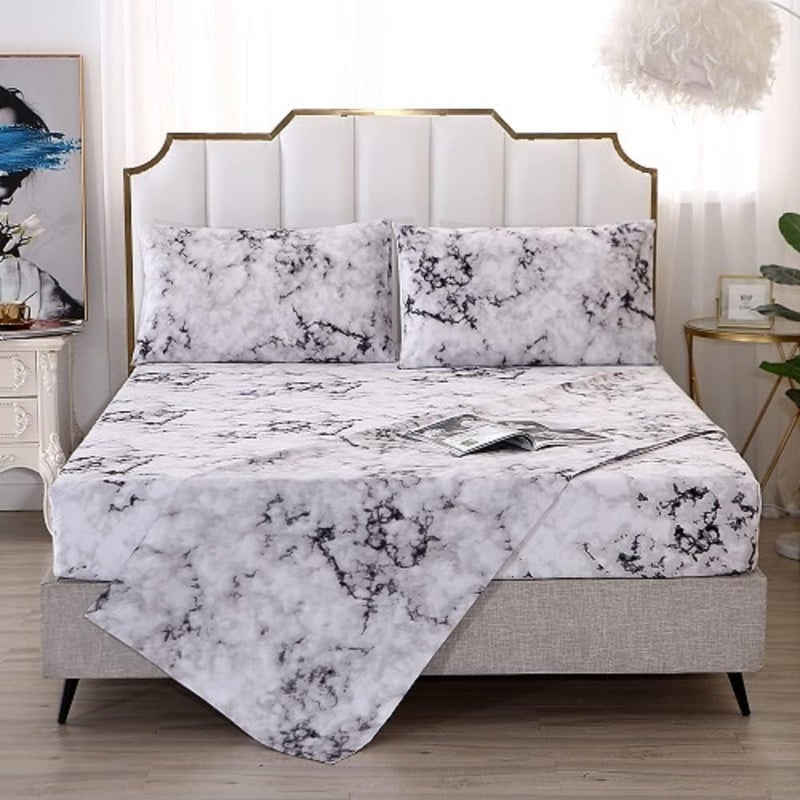 MAG Marble Bed Sheet, 4PC Black White and Gray, Full Size Modern Pattern Printed Bedding Sheet Set with 1 Top Flat & 1 Fitted Sheet with 2 Pillowcases, 14â€ Deep - Image 1